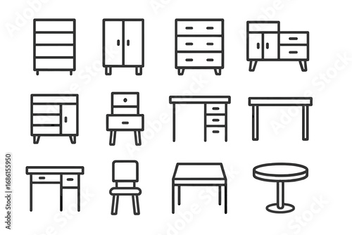 Furniture line icon set. Home and office interior elements. Desk, chair, table, wardrobe, cabinet, shelf pictogram collection. Minimalist outline vector illustration.