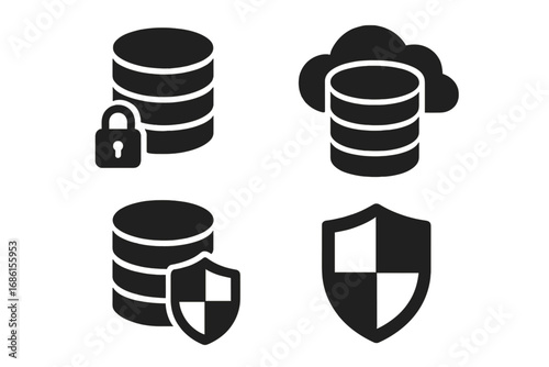 Database security and cloud technology solid glyph icon set. Vector icons for data protection, server storage, privacy lock, and network safety shield for web and mobile.