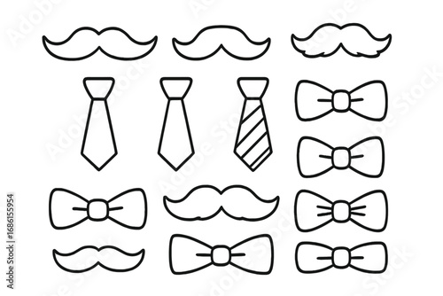 Gentleman's accessory set with mustaches, neckties, and bow ties. Father's Day or Movember party elements. Hipster style photo booth props. Black and white line art vector.