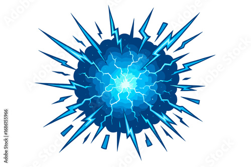 Blue electric explosion, energy blast with lightning. Cartoon comic vector illustration. Dynamic power shock flash fx. Thunder bolt spark for anime manga. Abstract impact.