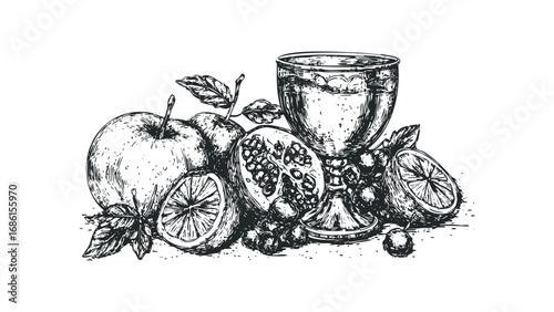 Hand Drawn Sketch of Assorted Fruits and Drink in Goblet. Vector hand drawn illustration
