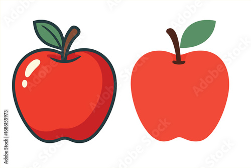 Two red apple vector illustration set. One apple in a cartoon sticker style with outline, the other in a simple flat design. Healthy organic fruit icon graphic element.