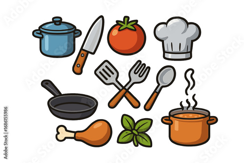 Culinary tools and food icon set for cooking theme. Vector cartoon illustration. Kitchen utensils, pot, pan, knife, ingredients, tomato, chicken leg, basil for restaurant menu.