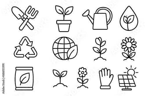 Gardening and environment outline icon set. Eco-friendly and sustainable symbols for ecology, growth, conservation, and green energy. Vector collection of plant, recycle, and solar panel line art.