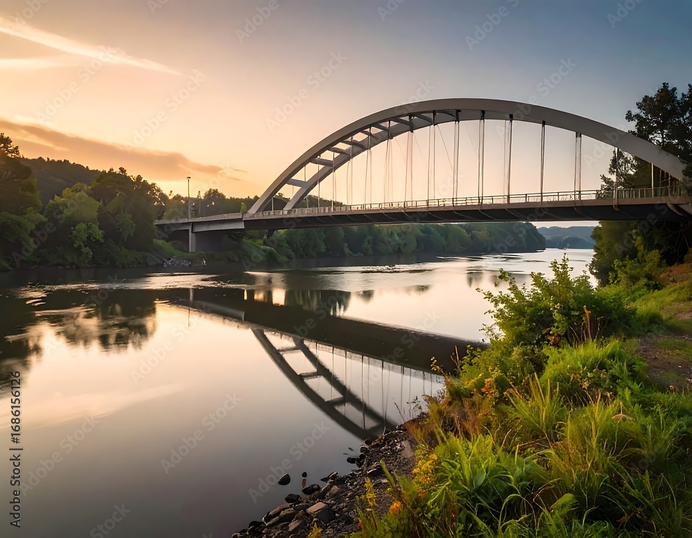 Naklejka premium Sunrise over a modern arch bridge reflecting on calm water