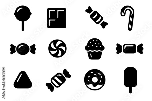 Dessert candy sweet treats icon set. Confectionery food symbol collection. Silhouette glyph vector of lollipop, chocolate, cupcake, donut, ice cream, candy cane and bonbon.