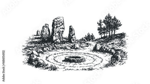 Ancient stone circle and fire pit with surrounding trees. Vector hand drawn illustration