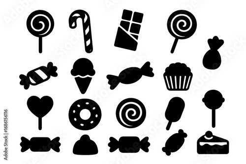 Dessert silhouette icon set. Sweet food collection with candy, cake, chocolate, lollipop, ice cream, and donut graphics. Vector symbols for confectionery or bakery design.