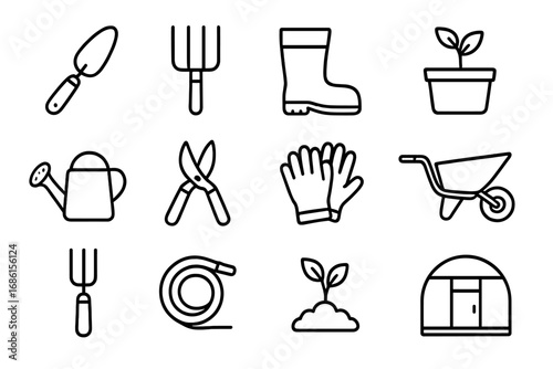 Gardening tools outline icon set. Plant care and garden equipment line art. Vector symbols for horticulture, greenhouse, trowel, fork, boots, watering can, and gloves.