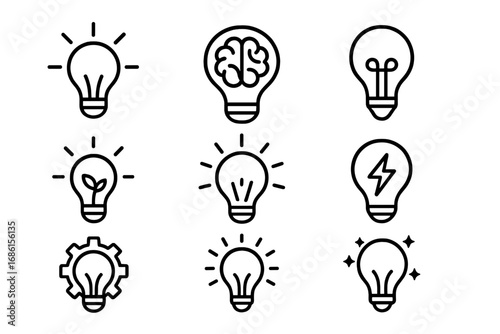 Collection of light bulb line icons. Symbol for idea, creativity, innovation, solution, brainstorming, thinking, and inspiration. Vector set with brain, gear, plant, and lightning.