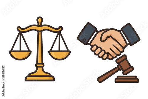Law and justice icon set with scales of justice, handshake for partnership agreement, and judge gavel. Legal system, court, and business deal concept. Vector illustration.