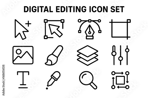Graphic design line icon set. Digital editing tools for software UI UX. Vector collection with pen, brush, cursor, layers, crop, text, zoom. Outline interface symbols.
