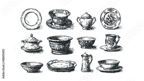 Collection of antique ceramic tableware sketches including plates, bowls, cups, and jugs. Vector hand drawn illustration