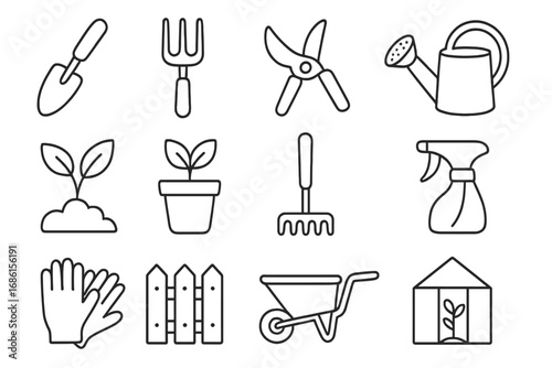 Gardening tools outline icon set. Plant care equipment linear symbols. Garden instruments for agriculture and horticulture. Vector farm elements like shovel, rake, and seedling.