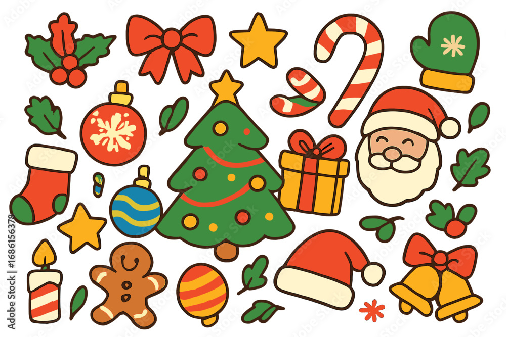 Obraz premium Christmas icon collection. Vector cartoon doodle set with Santa Claus, tree, gift, candy cane, ornament, gingerbread man. Festive holiday symbols for seasonal celebration.