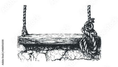 Vintage Wooden Swing Seat Hanging by Thick Ropes on a Textured Surface. Vector hand drawn illustration