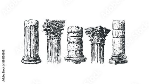 Hand drawn ancient columns on transparent background. Vector hand drawn illustration