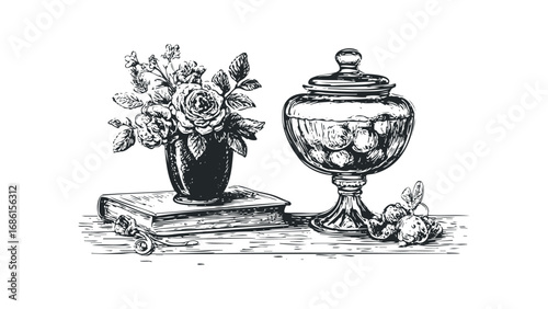 Vintage floral arrangement in vase with jar of fruit and old book sketch. Vector hand drawn illustration