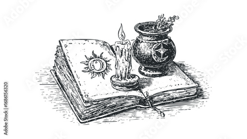Open spell book with lit candle and cauldron with herbs. Vector hand drawn illustration