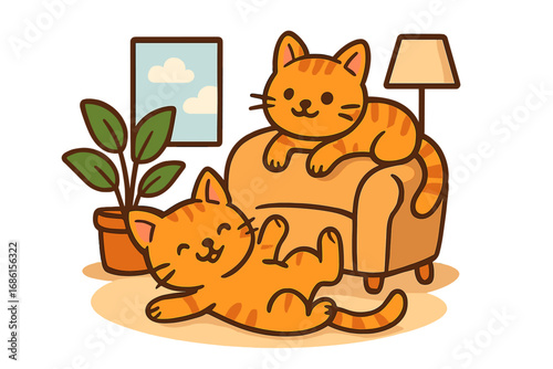 Two cute orange tabby cats playing and relaxing in a cozy home interior. Happy pet kittens on a sofa. Domestic animal friends companionship. Vector cartoon illustration.