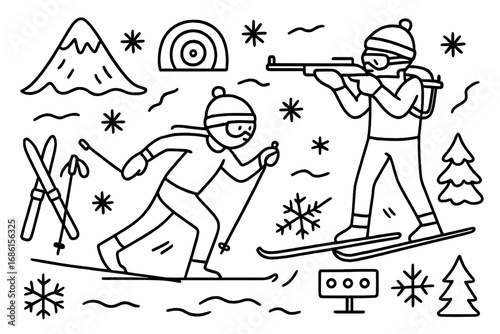 Biathlon winter sport icons vector set. Hand-drawn doodle illustration of skiing and shooting. Athlete with rifle, target, skis. Cartoon outline concept for competition.