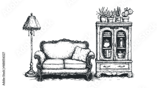 Antique couch and cabinet with plants and lamp depicted in a vintage sketch style. Vector hand drawn illustration