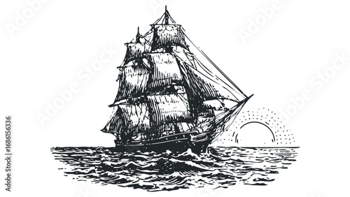 Old tall ship sailing on choppy ocean waves at sunrise. Vector hand drawn illustration