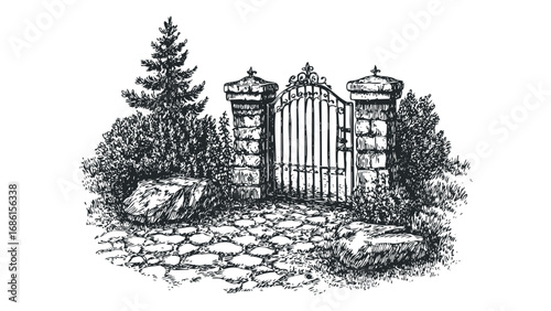 Ornate iron gate with stone pillars and cobblestone path surrounded by lush foliage and a pine tree. Vector hand drawn illustration