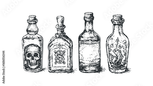 Vintage glass bottles with distinctive etched designs including a skull and nautical elements. Vector hand drawn illustration