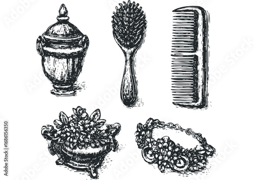 Vintage vanity set with ornate jar, hairbrush, comb, and ornate decorative bowl. Vector hand drawn illustration
