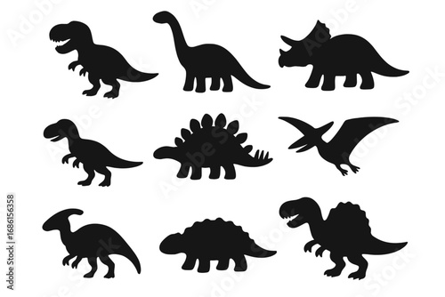 Dinosaur silhouette icon set. Prehistoric animal and fossil collection. Extinct creatures vector graphics. Cartoon T-rex, triceratops, stegosaurus, and pterodactyl icons.