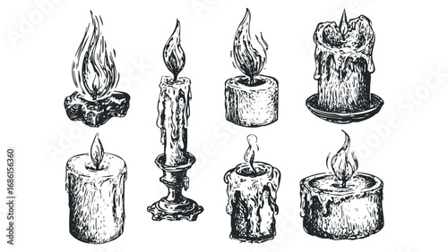 Collection of Hand-Drawn Burning Candles with Dripping Wax. Vector hand drawn illustration