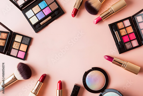 lay of various makeup products