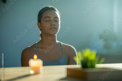 A serene young woman with eyes closed, meditating in a tranquil sunlit room with a candle and a plant