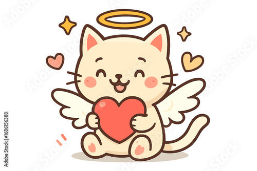 Cute angelic cat character with wings and halo holding a love heart. Adorable valentine cupid kitty vector illustration. Whimsical and joyful animal cartoon design for kids.