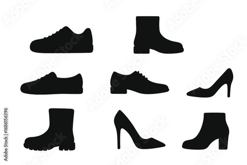 Shoes silhouette vector icon set. Footwear collection. Includes sneakers, boots, high heels, pumps, mens dress shoe. Isolated black fashion graphic design element for men and women.