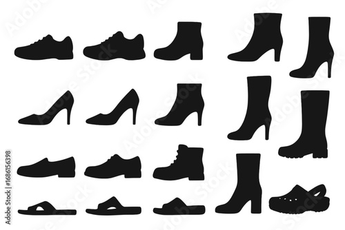 Footwear silhouette icon set. Big collection of various shoes and boots silhouettes. Sneaker, heel, pump, loafer, sandal, clog. Men and women fashion style. Vector elements.