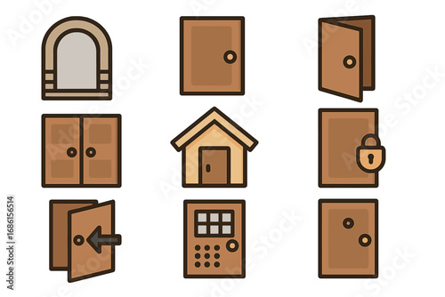 Vector door icon set. Entrance, gateway, home and security concepts. Cartoon symbols for web, ui and graphic design. Entry, exit, open, closed, locked pictogram collection.