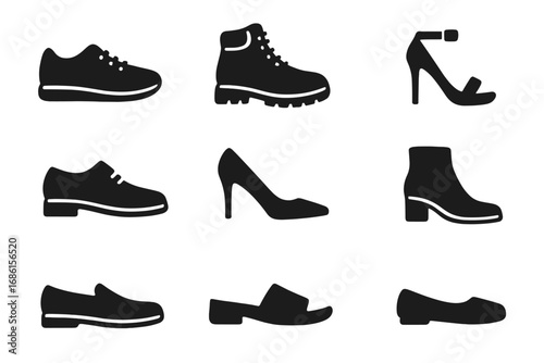 Shoe icon set. Footwear silhouette collection. Vector of various shoes: sneakers, boots, heels, sandals, loafers, flats. Men's and women's fashion design graphic elements.