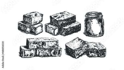 Hand-drawn sketch of tofu cubes and a glass jar on a white transparent background. Vector hand drawn illustration