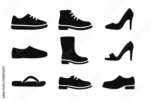 Footwear silhouette icon set. Big collection of men and women shoes. Includes sneaker, boot, high heel, sandal, loafer, classic shoes. Isolated fashion vector graphic element.