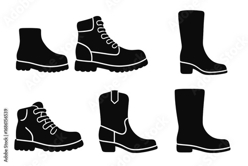 Set of black silhouette boots. Collection of different shoe types icon. Vector illustration of footwear fashion. Ankle, combat, hiking, cowboy, and rain boots isolated.