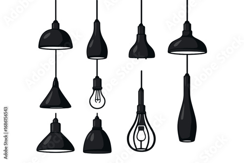 Collection of black pendant lamps, modern hanging light fixtures set for interior design. Industrial loft style ceiling lighting. Vector illustration isolated on white background.