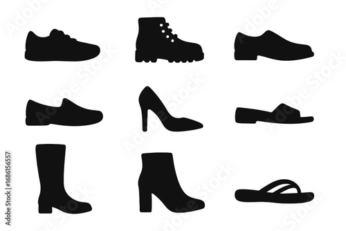 Shoes silhouette icon set. Footwear collection. Vector icons of sneakers, boots, high heels, sandals, and loafers. Men and women fashion style. Black graphic on white.