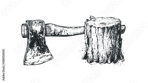 Vintage Axe Stuck in Wooden Log Textured Sketch. Vector hand drawn illustration