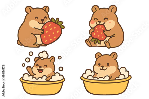Cute hamster character set. Kawaii cartoon animal eating strawberry and taking a bath. Vector flat illustration collection for kids. Funny pet rodent with fruit and in bathtub.