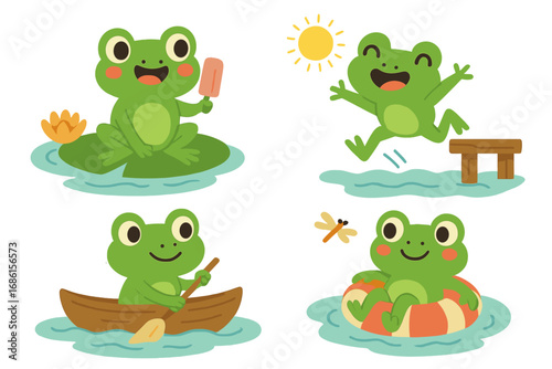 Cute frog character set. Vector cartoon collection of funny green frogs in summer. Animal enjoying activities like swimming, boating, eating ice cream, and jumping into water.