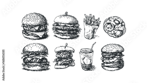 Hand Drawn Burgers Fries and Drink on White. Vector hand drawn illustration
