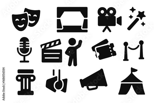 Entertainment and theater solid icon set. Performance, backstage, show icons collection. Cinema, movie, festival, and acting symbols. Vector glyph pictogram pack for web and mobile.