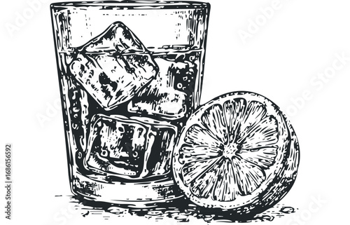 Textured Sketch of a Tall Glass Filled with Ice Cubes Beside a Citrus Slice. Vector hand drawn illustration